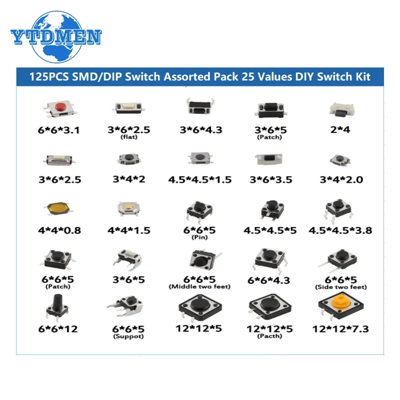 125pcs/lot Micro Push Button Tact Switch Kit 25 Types Including Reset & Mini Leaf Switches SMD/DIP 2*4 3*6 4*4 6*6 Buttons Touch