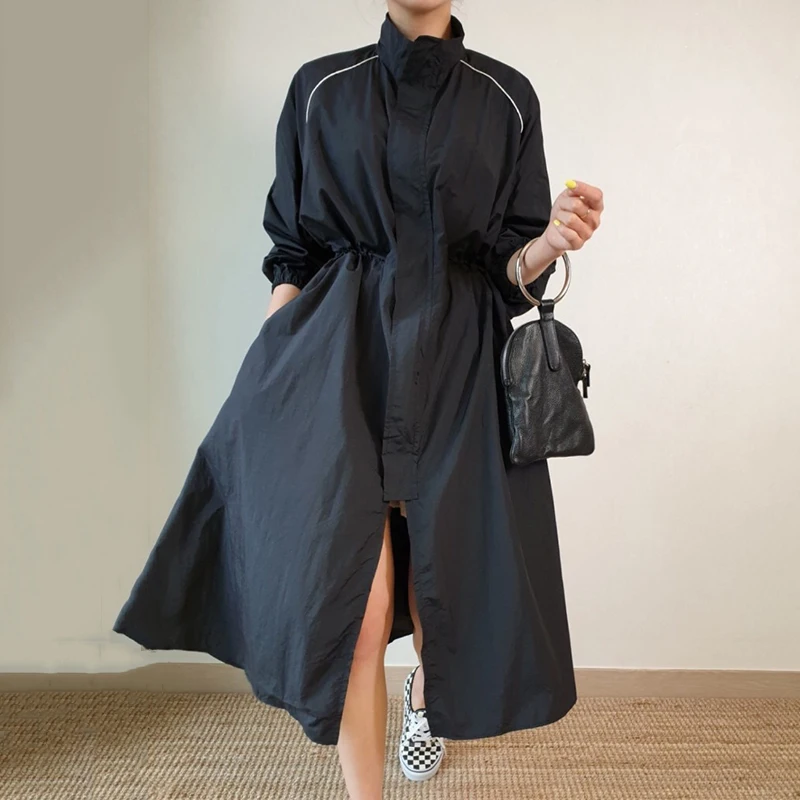 

Korean Fashion 2023 Women Spring Coat Dress Long Sleeve Split Loose Trench Dresses Striped Patchwork Vestidos Female L003