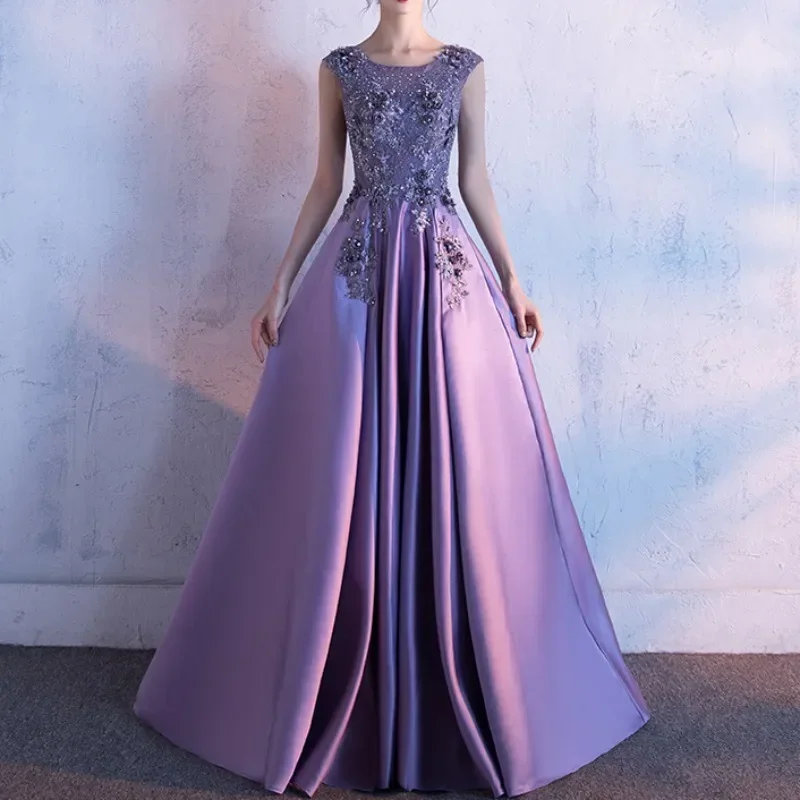 

Elegant Sleeveless Purple Evening Dress for Women Classic O-neck Appliques Party Formal Dress Luxury Beading Gown Vestido