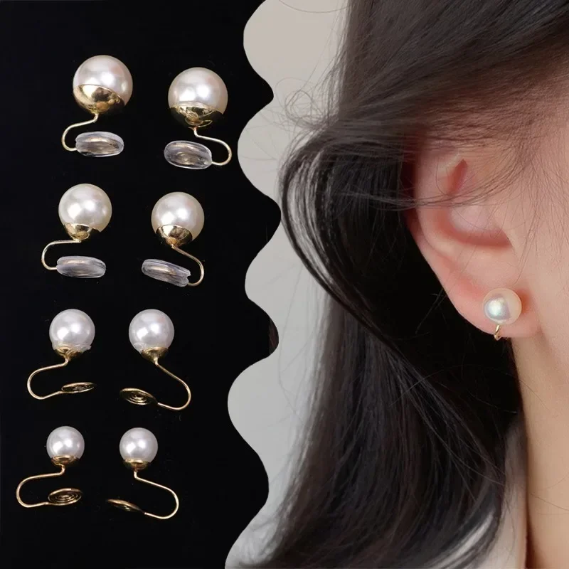 여성용 진주 이어 클립, 투명 송진 피어싱 클립 귀걸이, 심플 레트로 데일리 이어 클립, 패션 절묘한 쥬얼리 선물 