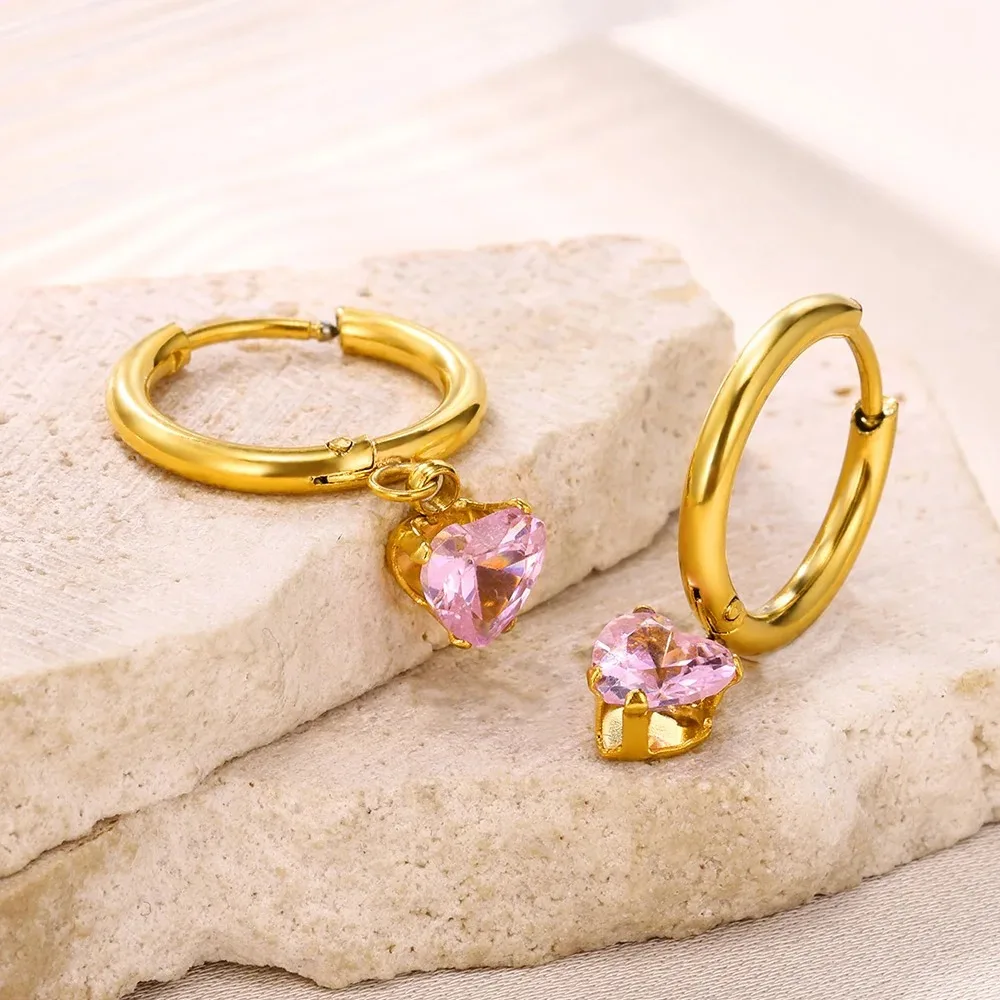 Zircon Heart Hoop Earrings Women 18K Gold Plat Pink For