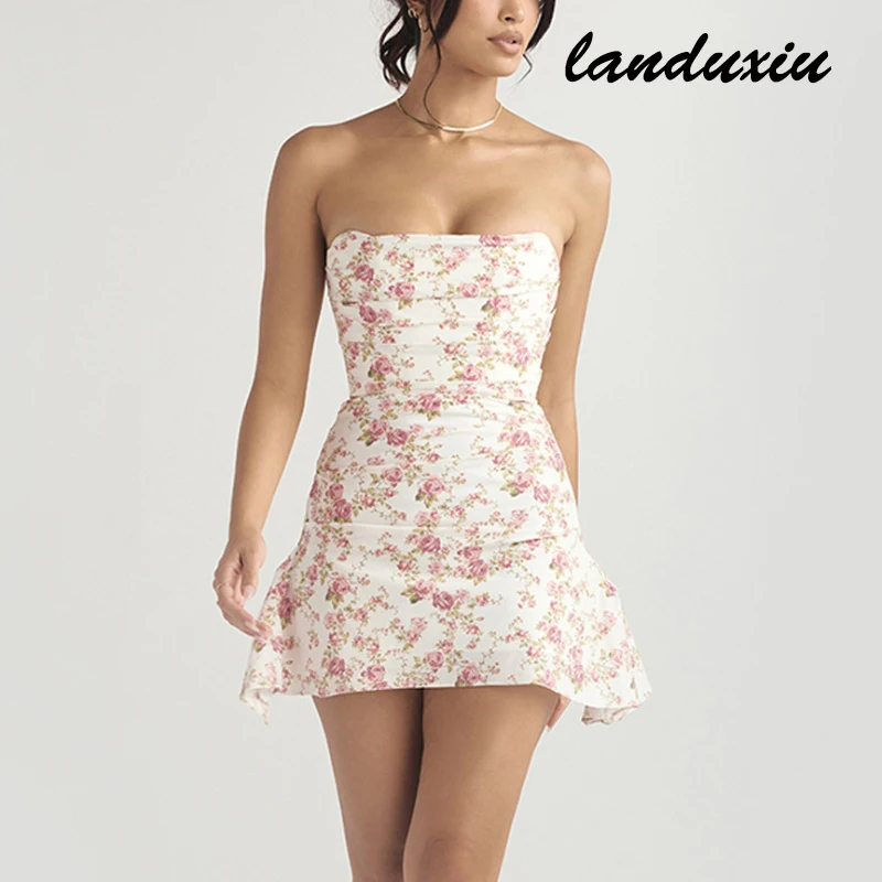 

Landuxiu Europe America H Sweet Spicy Women's New Dress Floral Skirt Fishbone Top Slim Backless Tube Dress