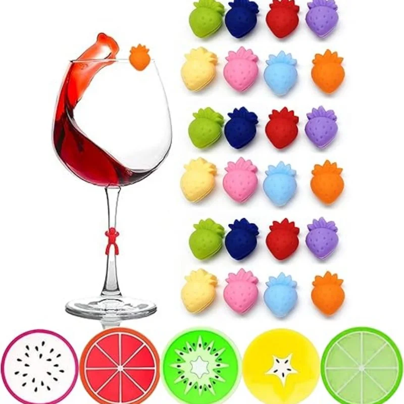 Strawberry Silicone Wine Charms and Coaster Set for Celebrations and Summer Gatherings