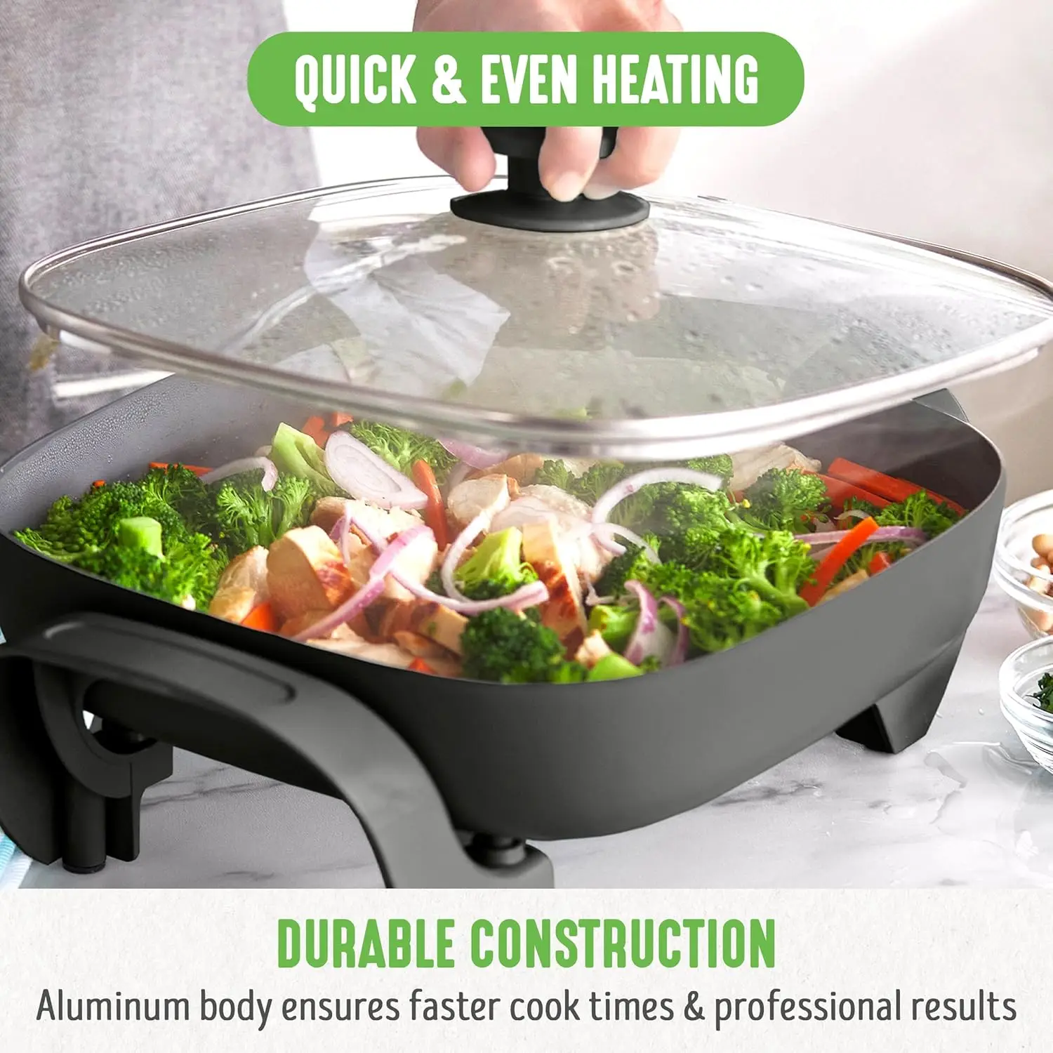 12" 5QT Square Electric Skillet, Glass Vented Lid, Ceramic PFAS-Free Nonstick Coated Interior, Adjustable Temperature Control 6