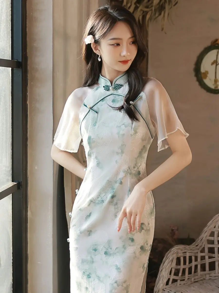 

2023 Summer Cheongsam New Fairy Young Style Elegant Retro Qipao Girl Small Fresh Medium Length Modern Oriental Dress