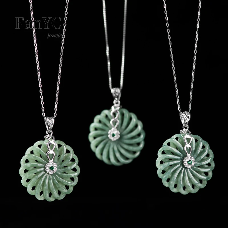S925 Silver Inlaid with Myanmar Jadeite Peace Buckle Pendant Necklace Exquisite Fashion Jewelry Gifts for Men and Women 2