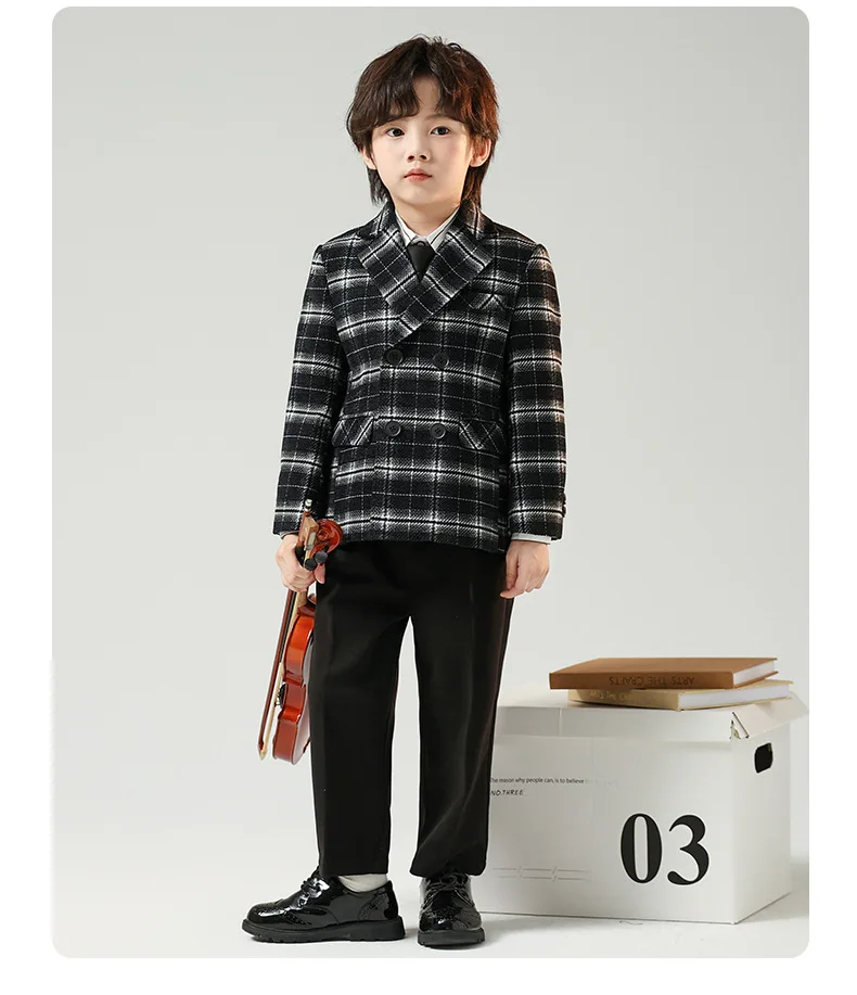 Kinder Jungen Herbst Winter Karierten Anzug Kinder Jungen Hochzeit Klavier Leistung Geburtstag Party Fotografie Kostüm Formale Blazer Anzug – Detail 6