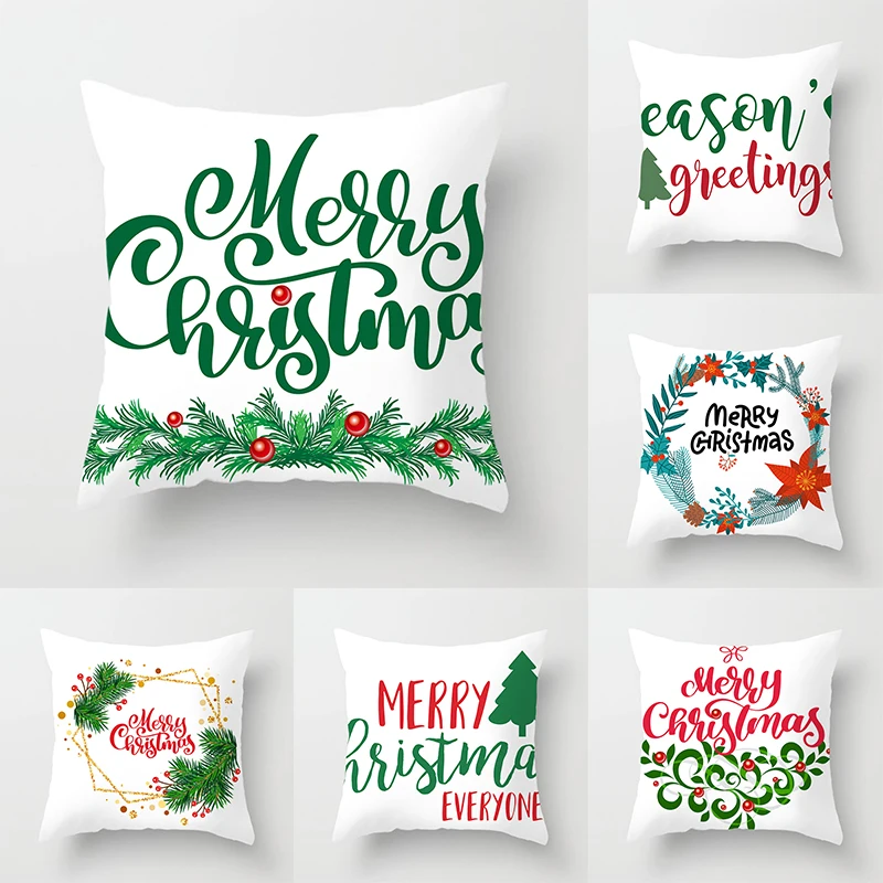 

Merry Christmas Printed White Pillowcase Style Cushion Cover Home Sofa Decor Throw Pillow