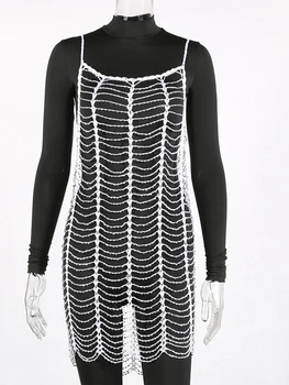 Sexy Mesh Rhinestones Summer Dress women perspective Black White diamond Fishnet bodycon dress beach club party Dresses vestidos 3