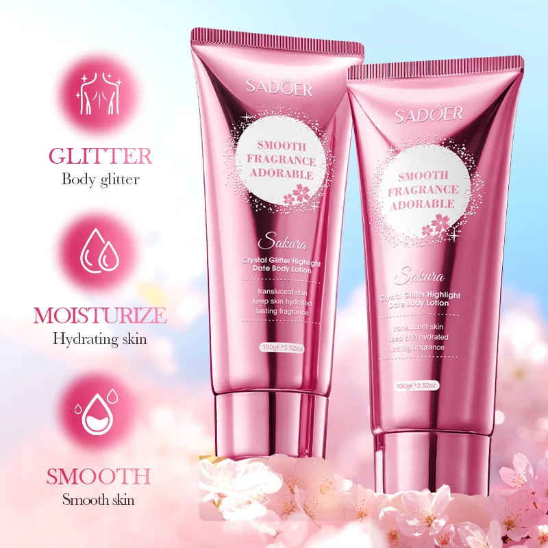 SADOER Sakura Fragrance Body Lotion Moisturizing Hydrating Whitening Body Glitter Cream Neck Hand Arm Leg Skin Care Products