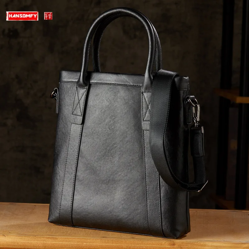 

Genuine Leather Men's Handbag Fashion Casual Shoulder Messenger Bag Textured Cowhide Business Vertical Briefcase Fashion Black