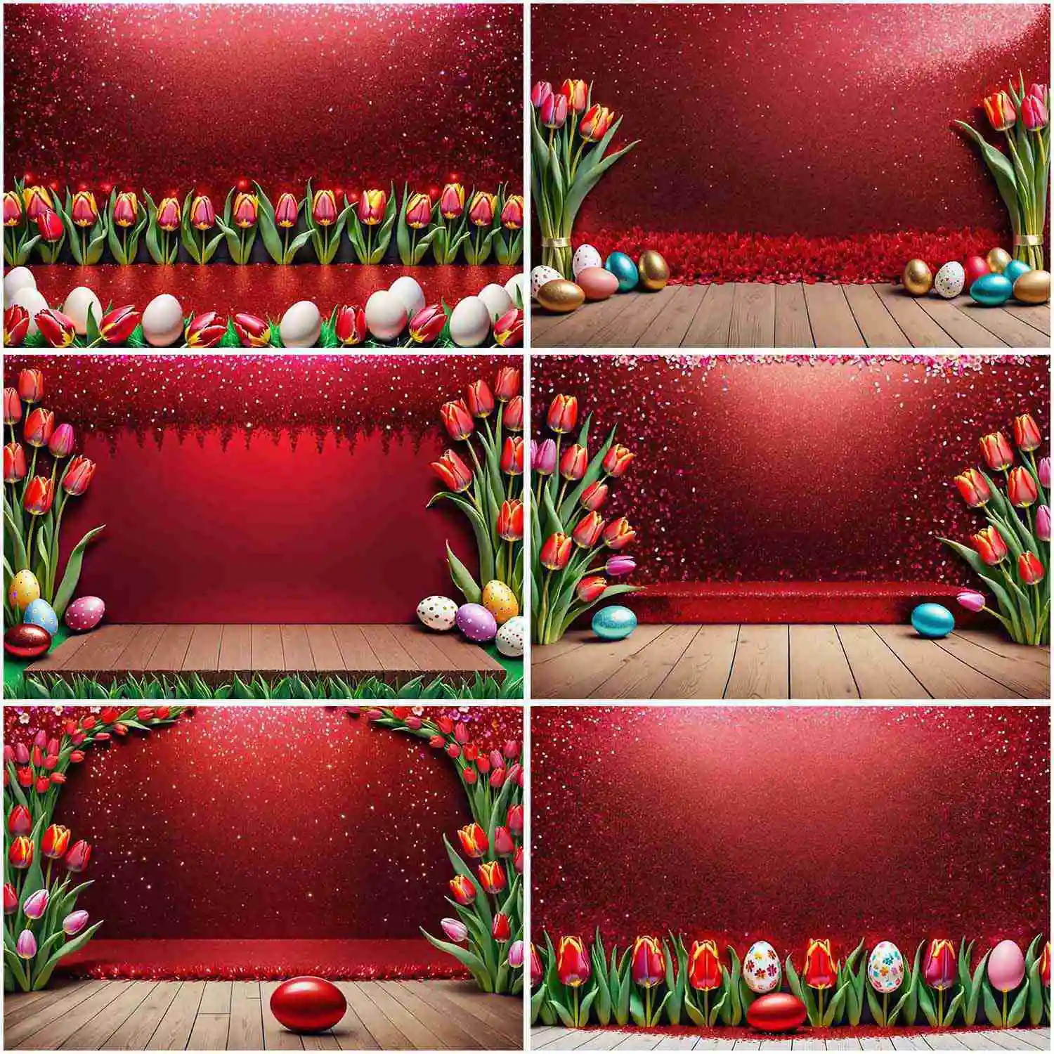 

MOON.QG 2024 Easter Eggs Tulip Stage Photography Background Red Glitter Party Photo Backdrop Custom Photocall Photographic Props