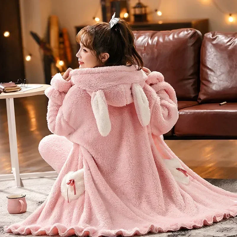 

Velvet Women Sleepwear Hooded Soft Set Winter Warm Cute Rabbit Robe Nightgown Bigsize Flannel Coral Loungewear Princess Bathrobe