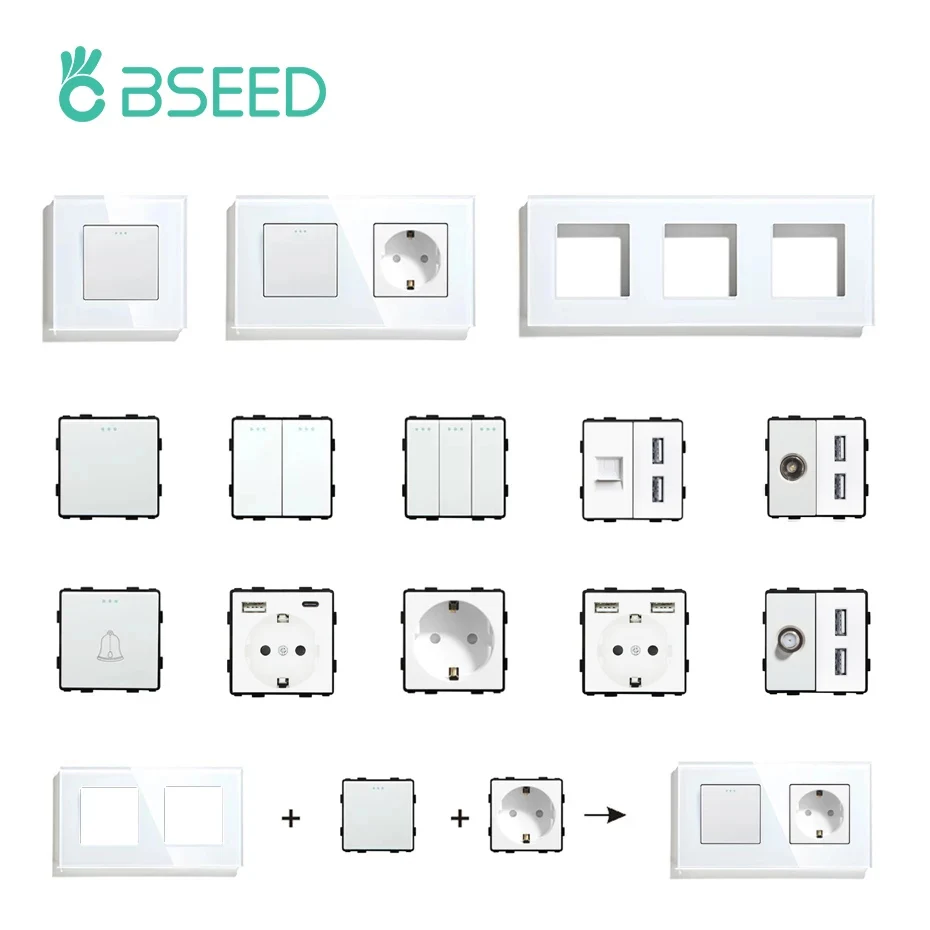 BSEED Wall Light Switches Glass Panel Parts White USB Sockets Function Parts  DIY EU CAT5 TV Sockets Power Outlet Parts