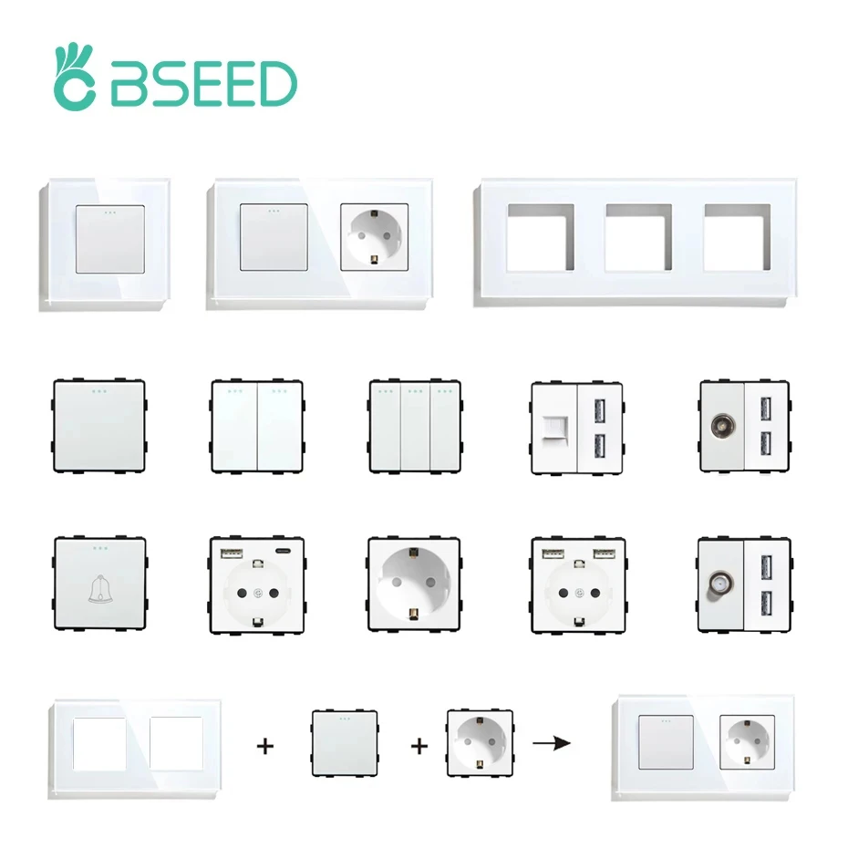BSEED interruptores de luz de pared, piezas Panel de vidrio, enchufes USB blancos, piezas de DIY, enchufes de TV de la UE, piezas de toma de corriente|Accesorios de interruptor| -