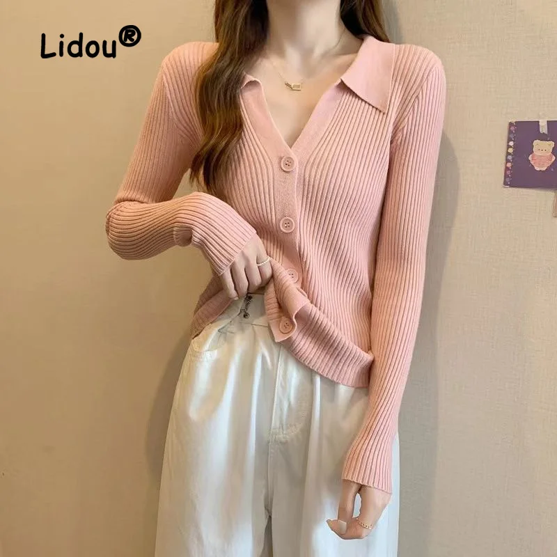 

Personality Casual Button Cardigan Solid Color Sweaters Women Long Sleeve Classic Polo Collar Slim All-match Lady Knitting Top