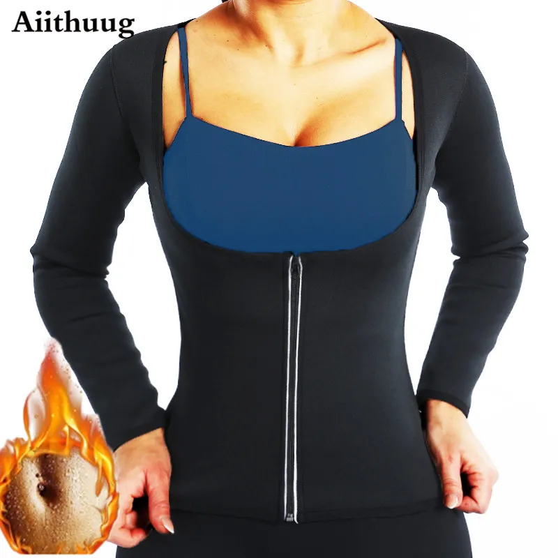 

Aiithuug Women Neoprene Sauna Suit Hot Sweat Body Shaper Jacket Top Zipper Long Shirt Sauna Sweating Jackets Weight Loss Corset