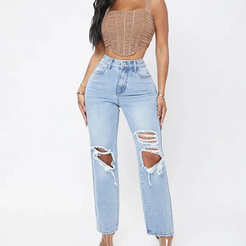 

High Waist Mom Jeans Flare Pants Denim Straight Hole Autumn 2023 Long Streetwear Slim Fit Trousers Capris Baggy Jeans Women