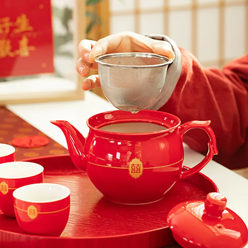Traditional Chinese Red Teapot for Wedding, Porcelain Tea Cups, Teaware for Party Banquet, Souvenir Gift Supply