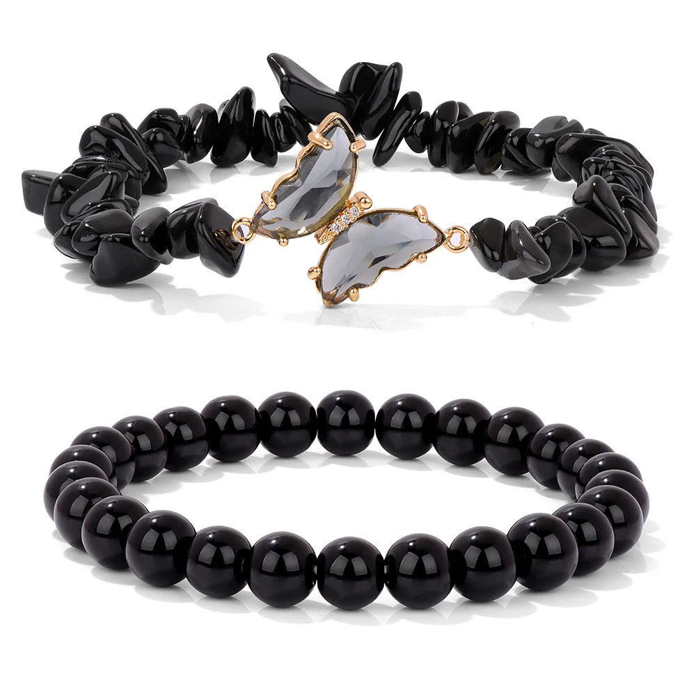 Spiritual healing bracelet duo with natural stone beads and butterfly charm