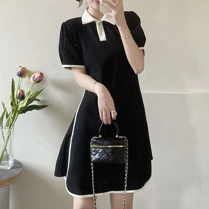 

2023 New Summer Fashion Loose Casual Polo Collar Patchwork Button Bubble Sleeve Chic Cool and Cute Meat Covered Casual Skirt