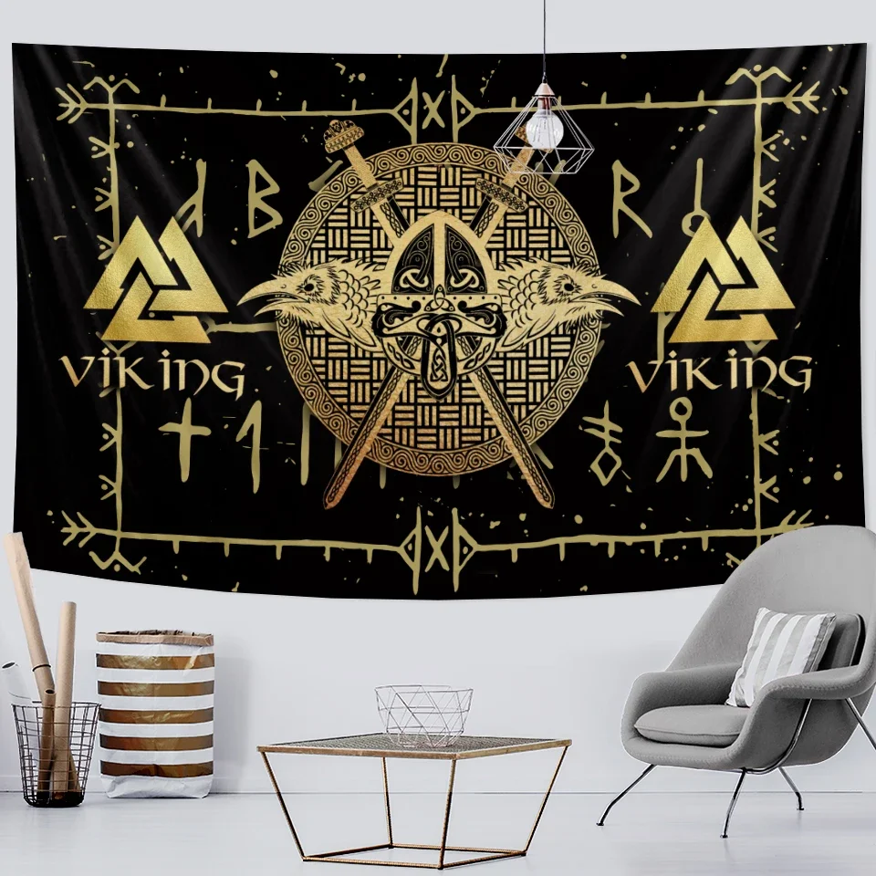 

Viking mystical symbol home decoration tapestry psychedelic scene wall hanging Bohemian decoration crow sofa blanket yoga mat