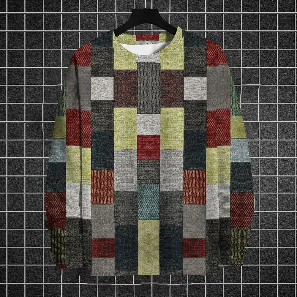 thumbnail image 1 of Suéter de otoño e invierno para hombre con estampado 3D de rayas de colores a cuadros, ropa informal deportiva de calle a la moda para hombre, 1 of 5
