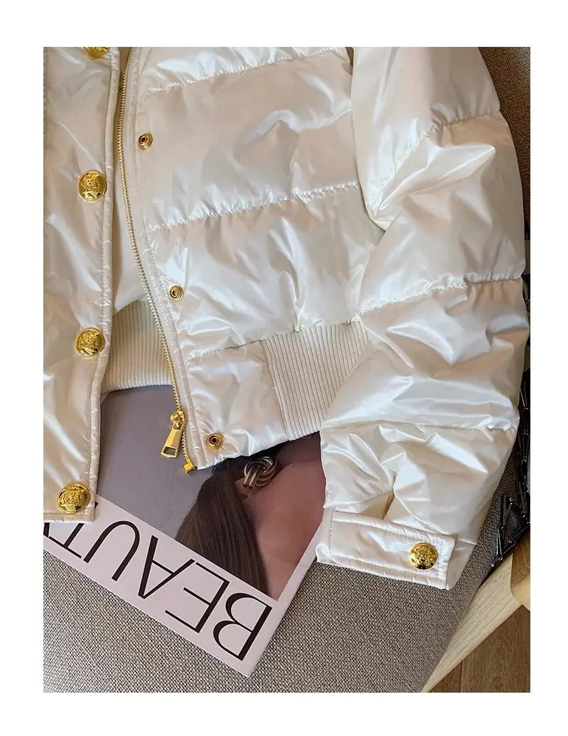 Chic Design White Parkas Women Puffer Jacket Puffy Coat Button Winter Warm Thick Long Sleeve Short Jacket Stand Collar Outerwear