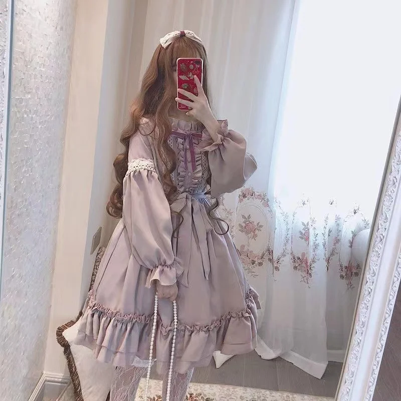 Lolita Dress Japanese Harajuku Cute Women Lolita OP Dress Flouncing Lace Alice Trim Long Sleeves Doll Teen Dress