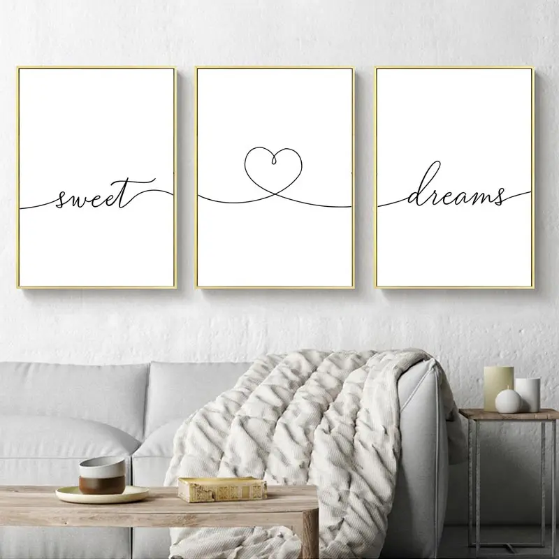 블랙 화이트 스위트 하트 드림 캔버스 포스터 텍스트 따옴표 인쇄 북유럽 미니멀리스트 벽 아트 페인팅, 현대 침실 장식 그림 