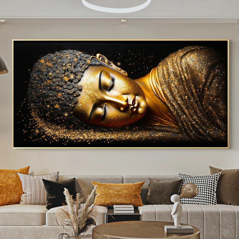 Modern Reclining Golden Lying Buddha Statue Canvas Painting Wall Art Religious Art Posters and Prints for Living Room Decor