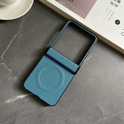 Premium Hinge Magnetic Leather Carbon Fiber Texture Flip Case with MagSafe Charging for Motorola Razr 60 Ultra (Light Blue)