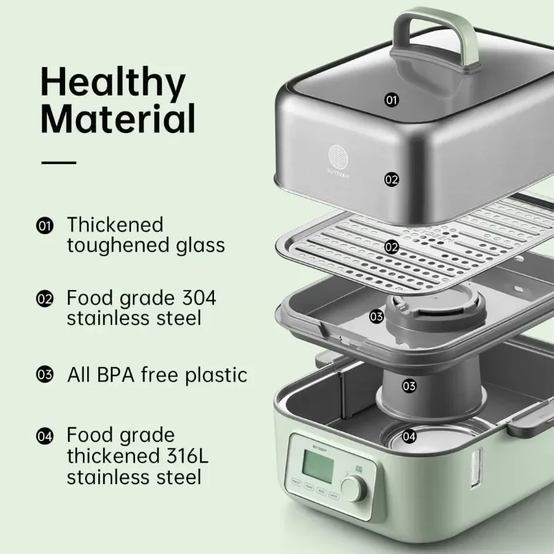 BUYDEEM G67US-A503 Electric Food Steamer for Cooking, 2 Tire Stainless Steel Steamer with Manual Mode, 1500W, 14 Quart, Green 5
