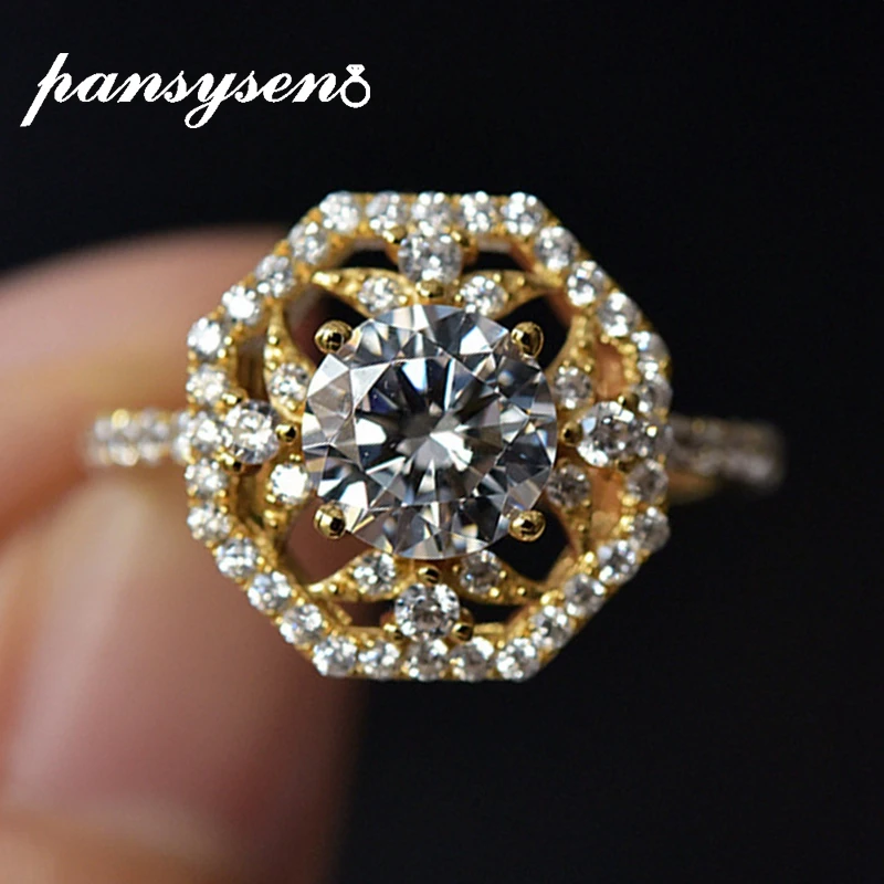 PANSYSEN 100% 925 Sterling Silver Round Simulated Moissanite Diamond Engagement Ring Wedding Bands 18K Gold Rings Fine Jewelry