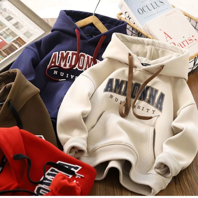 

Boys Girls Hooded Hip Hop Sweatshirt Autumn Winter Casual Hoodie Big Kids Letter Print Pullover Top Children Clothing 2-12 Years