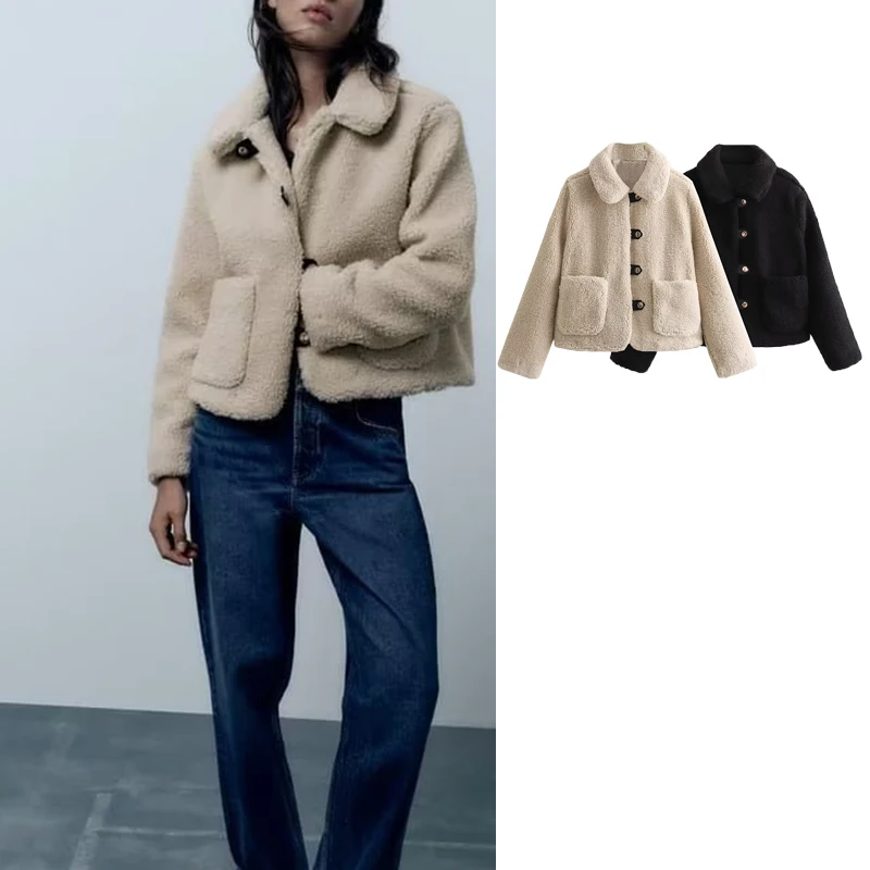 

TRAF 2023 Women Brushed Short Jacket Coat Fashion Vintage Single Breasted Long Sleeve With Pocket Casual Autumn Winter Warm Tops