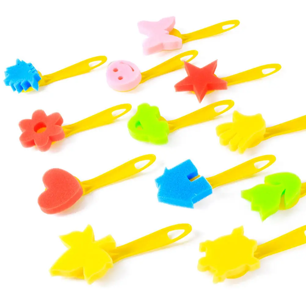 12Pcs 어린이 스폰지 스탬프 브러쉬 세트 창의적인 놀이를위한 안전한 친환경 드로잉 도구 그림 표면 벽 바닥 교육용