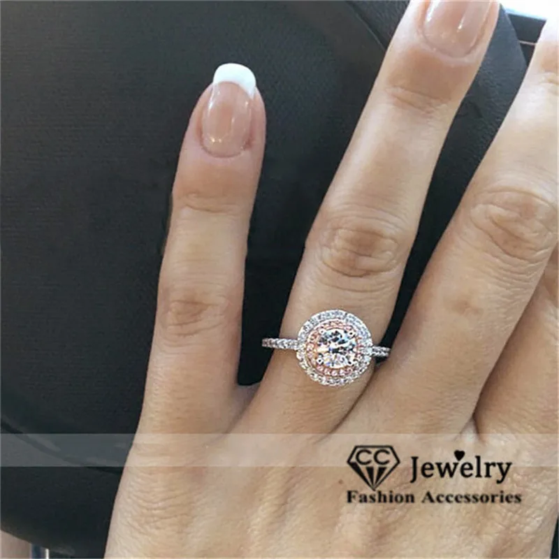 Cc Rings For Women Silver Color Luxury Fine Jewelry Pink Round Stone