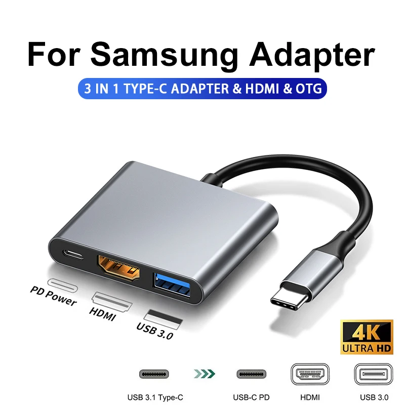 3 IN 1 3.0 USB Multi-function HUB For Samsung Galaxy S23 S22 Ultra Type-C To HDMI Adapter Note 20 10 iPhone 15 16 5G OTG Adapter