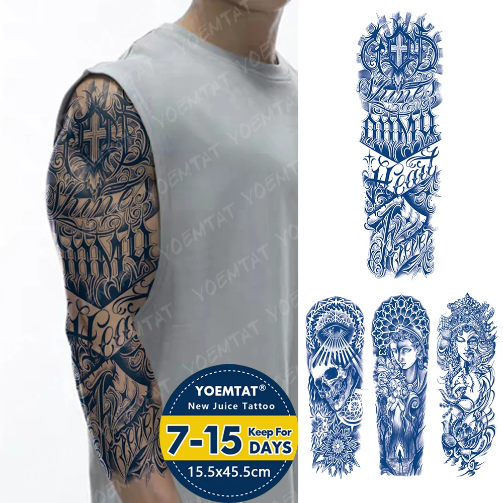 

Large Full Arm Sleeve Juice Ink Waterproof Temporary Tattoo Sticker Cross Letter Totem English Text Fake Tato Body Art Women Men