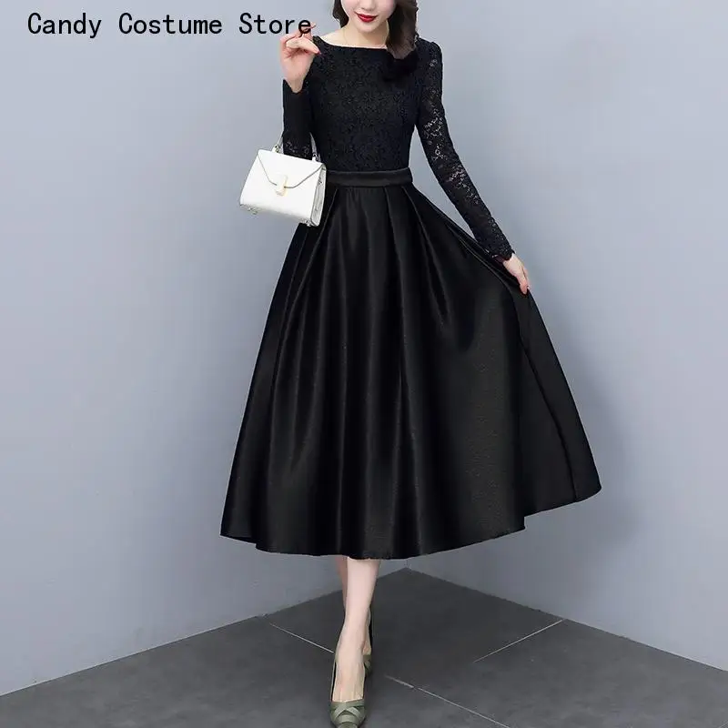 

Long Sleeve Lace Patchwork Mid-length Dresses for Women Spring Slim High Waist Elegant Vintage Solid A-Line Dress Female Clothes