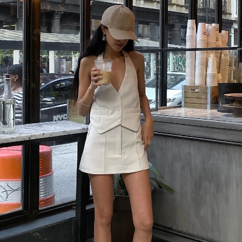 Candyhot Fashion Casual V-neck Sleeveless Suit Tank Top With High-waist Bodycon Hip Skirt Streetwear Retro Women 2 Piece Sets 4