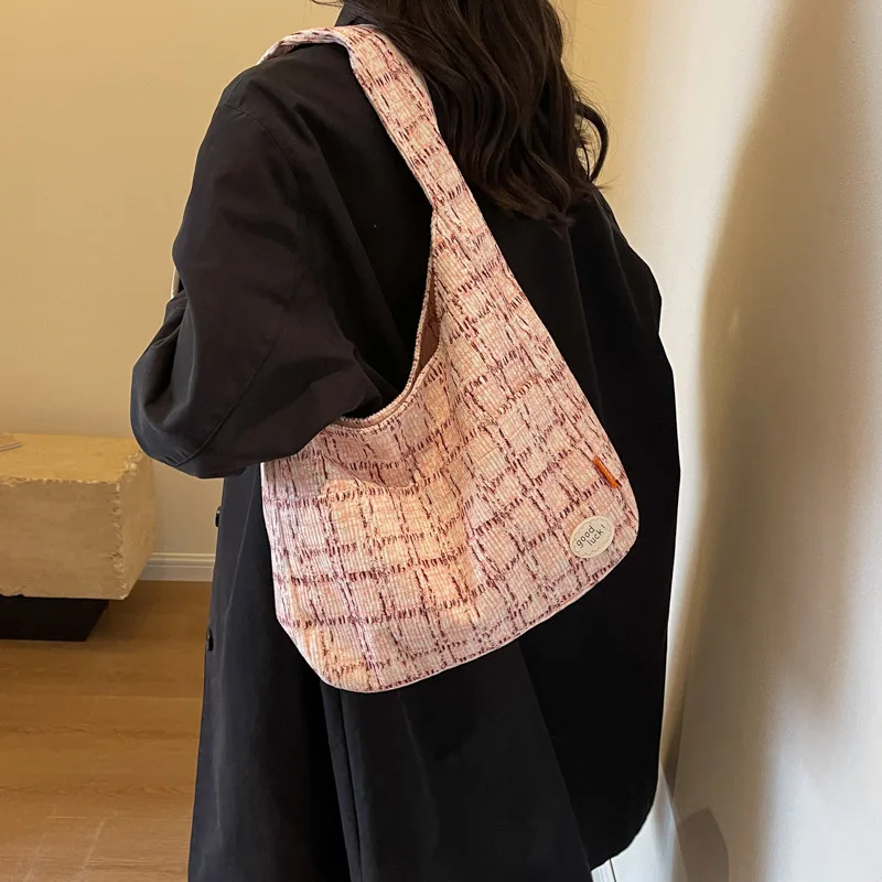 Shoulder Bag Large Capacity Storage Bag Fashion New Plaid Canvas Small Fresh Student Personality Tote Leisure Shopping All-match