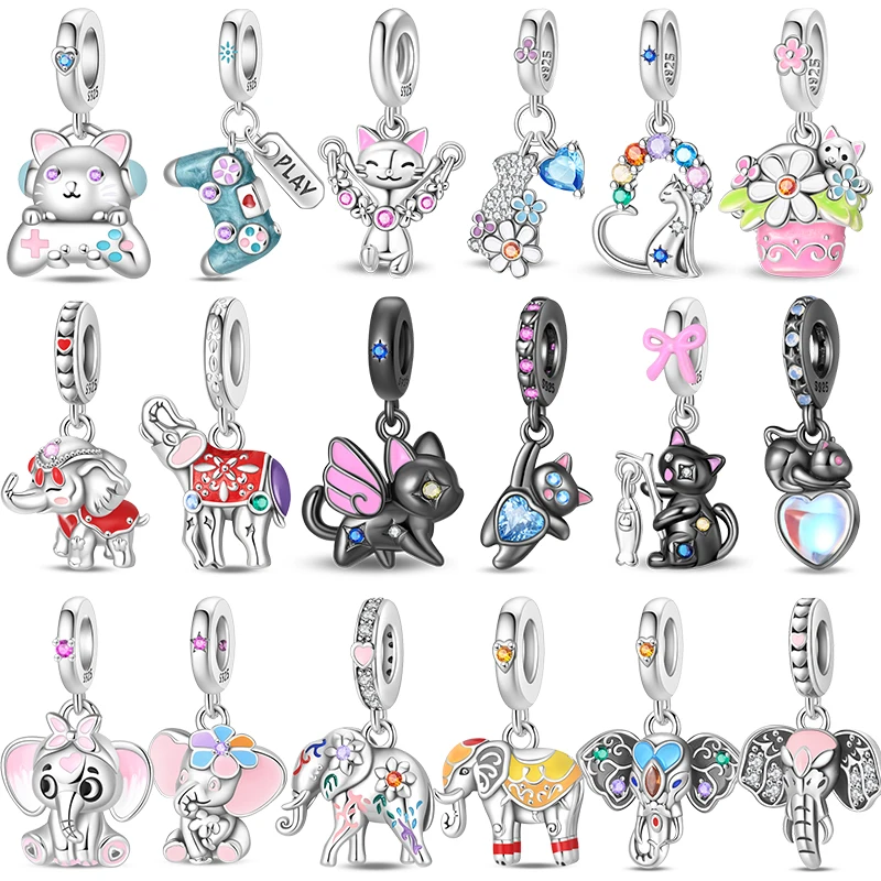 Original-Charms aus 925er-Sterlingsilber, Perlen, schwarze Katze, bunter Elefant, Anhänger für Armband, Frauen, DIY-Schmuck, Geschenkherstellung