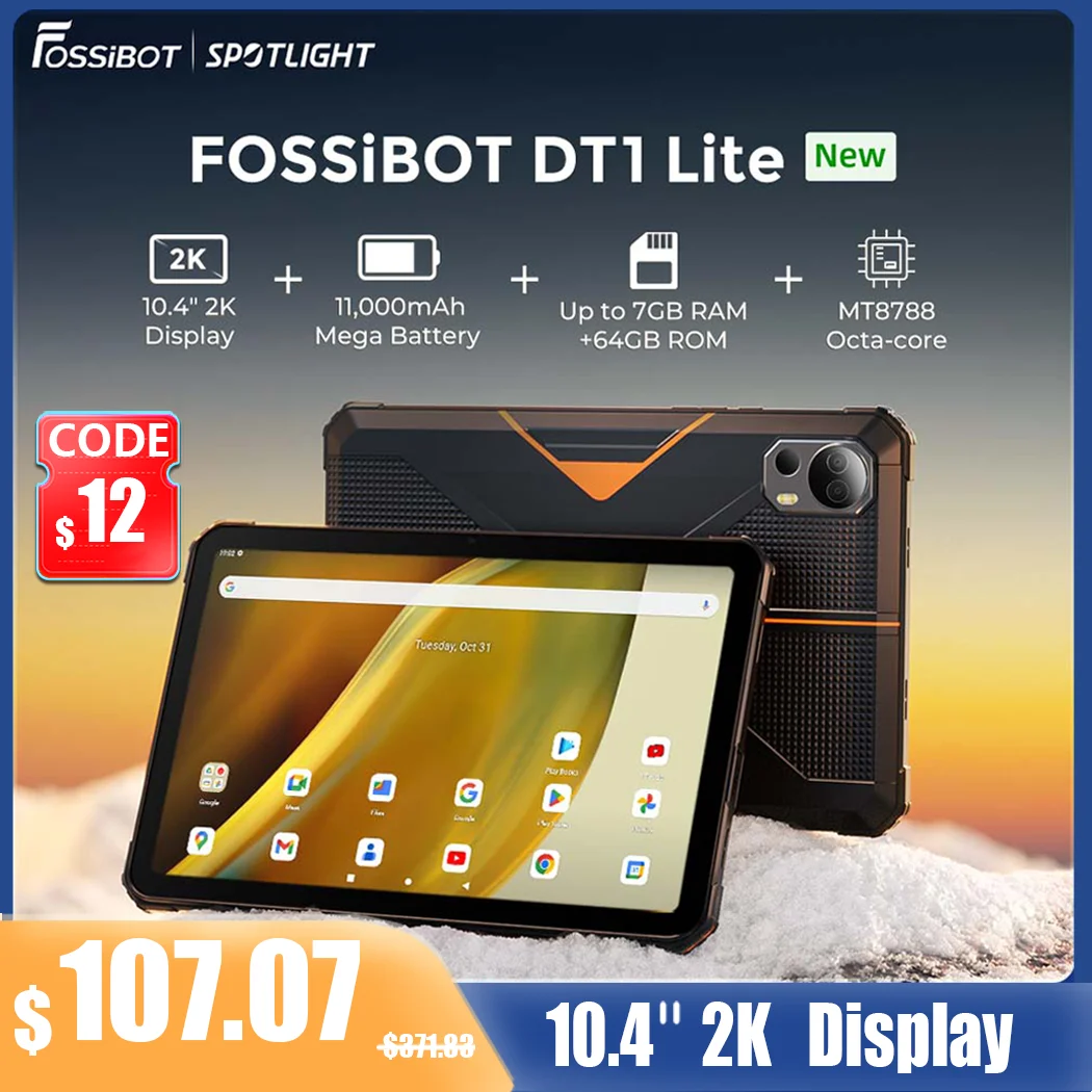 [세계 프레메르] Fossibot DT1 Lite, 견고한 태블릿, 안드로이드 13, 10.4형 2K 대화면, 4GB RAM 64GB RAM, 11000mAh 배터리, 고해상도 스피커 패드 4개 