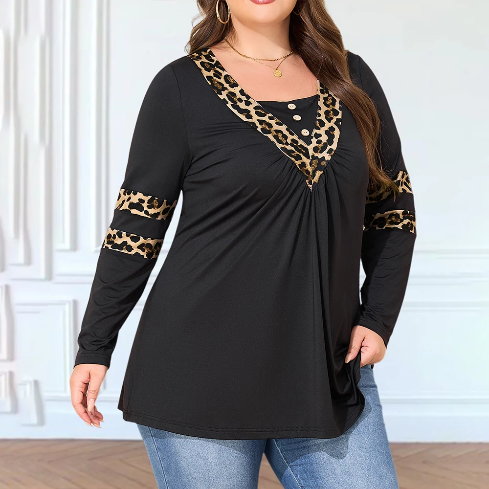Plus Size Women's Leopard Long Sleeve Top Casual Loose And