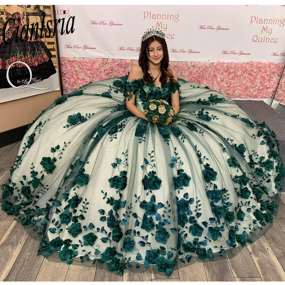 Green Ball Gown Quinceanera Dresses 3D Flowers Beads Lace Applique Sweet 15 16 Dress Party Wear Xv A&ntilde;os