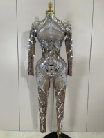 2025 New Sexy Shiny Silver Sequins Mirror Spandex Jumpsuit Women Prom Dancer Singer Costume Evening Birthday Show Stage Outfit
