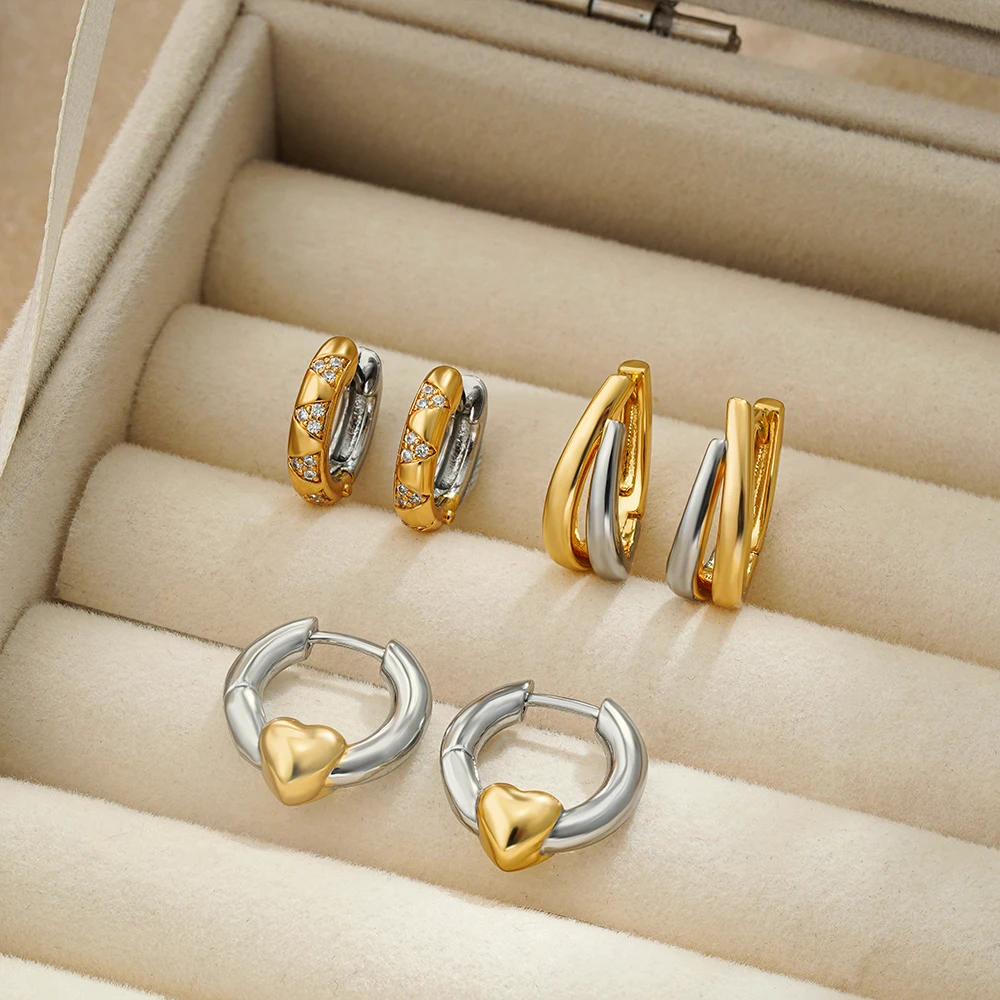 Unique Personality Mix Color Zircon Hoop Earrings for Women Girls Chunky PVD Gold&silver Colorblocked Heart Huggie Ear Jewelry
