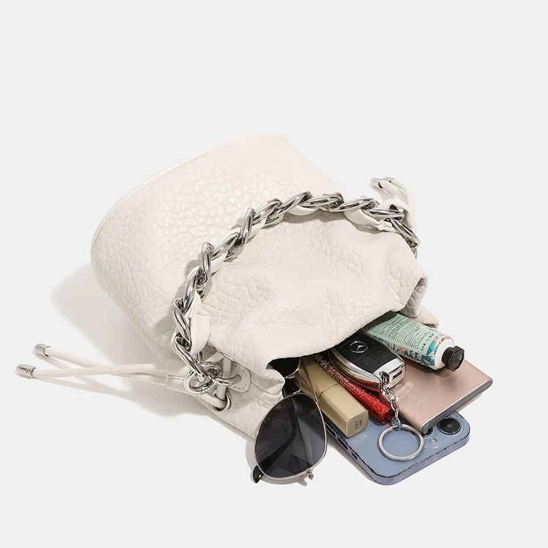 Maxdutti Texture Lychee Pattern Commuter Casual Messenger Bag Female 2023 Ins Fashion Girl Chain Bucket Bag Shoulder Bag